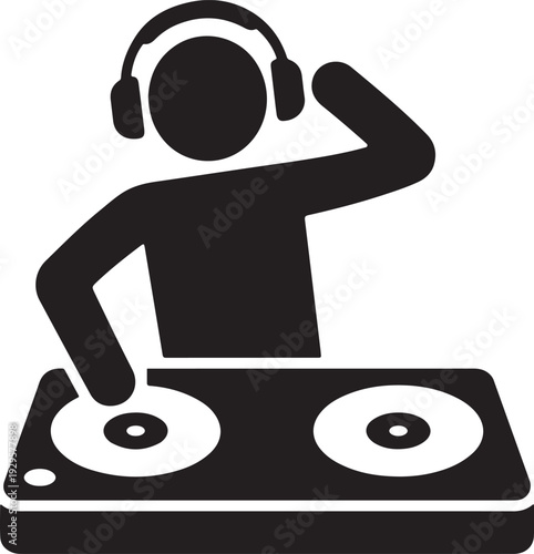 DJ Performance Icon Stick Figure Disk Jockey with Headphones and Turntables Illustration