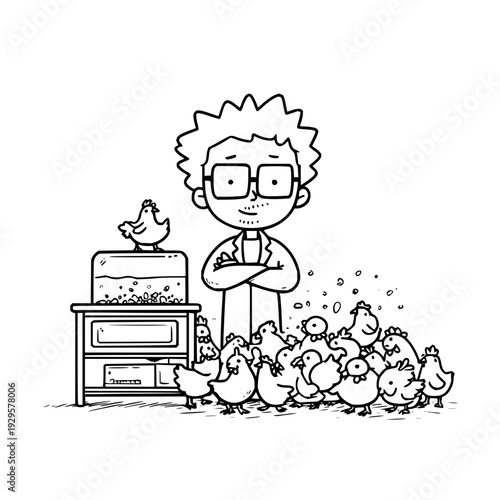 Man Thinking with Chickens and Feeder