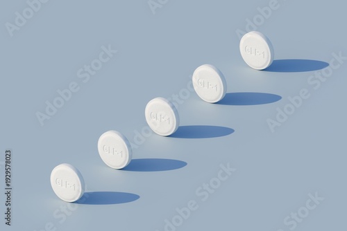 GLP-1 weighloss pills - five pills in a row on blue background with harsh lighting - orthographic perspective