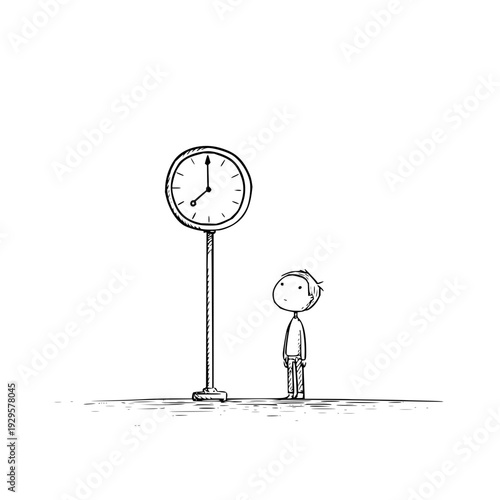 Man Waiting by Large Clock on Pole