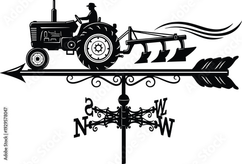 Decorative weather vane silhouette featuring farmer driving tractor with plow on arrow above compass directions symbolizing agriculture and wind