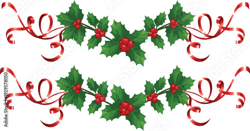 Christmas holly decoration set with red berries and ribbon festive holiday garland elements