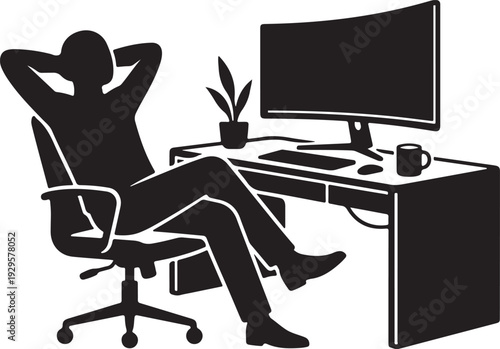 Workspace Comfort Icon Stick Figure Relaxing at Computer Desk with Large Monitor Illustration