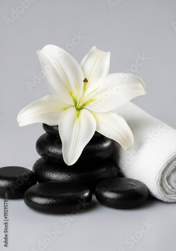 Spa setting with black stones, white lily flower, and rolled towel  