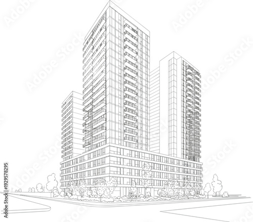 Modern apartment complex line drawing featuring high rise residential buildings with balconies and urban street landscape