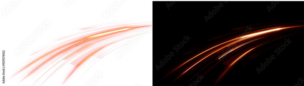 Obraz premium Glowing orange-red speed trails with dynamic motion blur and curved streaks. Delivered in two versions: transparent PNG overlay and black background, ideal for VFX, action banners, gaming HUD