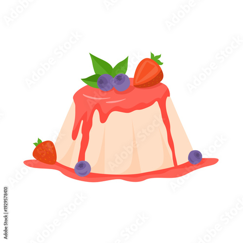 Italian panna cotta dessert with strawberry syrup, fresh strawberries and blueberries. Sweet vanilla pudding with berry topping. Flat vector illustration isolated on white background.