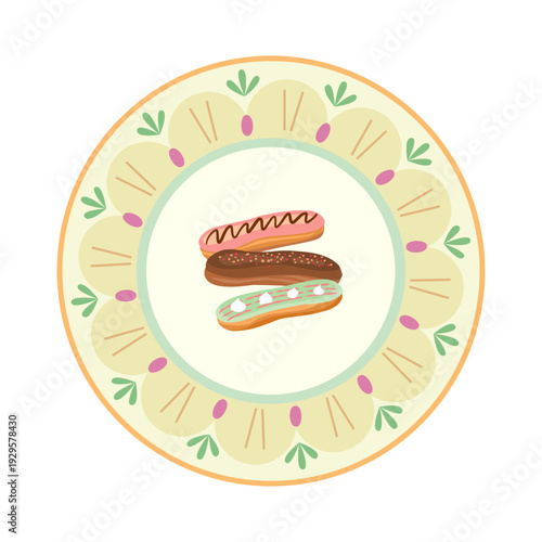 Top view vector illustration of colorful glazed eclairs on a vintage decorative plate. Sweet French pastry design for bakery menu, cafe branding, or food blog background.