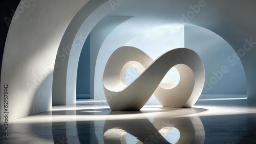 Modern white infinity sculpture in minimalist architectural space