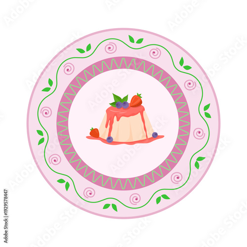 Strawberry panna cotta dessert with berry sauce and fresh strawberries on a decorative plate. Vector isolated color illustration.