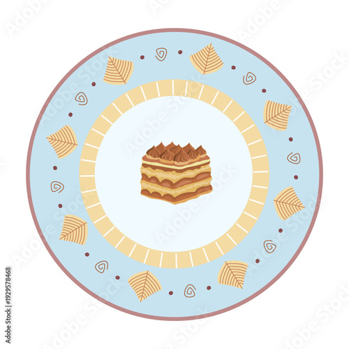 Traditional Italian tiramisu cake slice on a decorative patterned plate, layered coffee dessert. Vector color illustration isolated on white background.