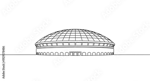 Dome Stadium Single Continuous Line Icon, Minimal Arena Building Outline with Entry