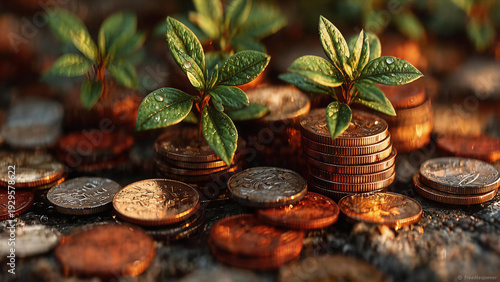 Small green plants growing through golden coins on soil background