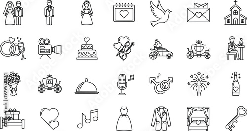 Wedding outline icon set with marriage ceremony love celebration and romantic event symbols