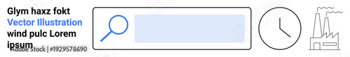 Digital search, time management, industrial processes, productivity, research, and modern technology. Search bar with magnifying glass, a clock and an industrial plant outline. Digital search