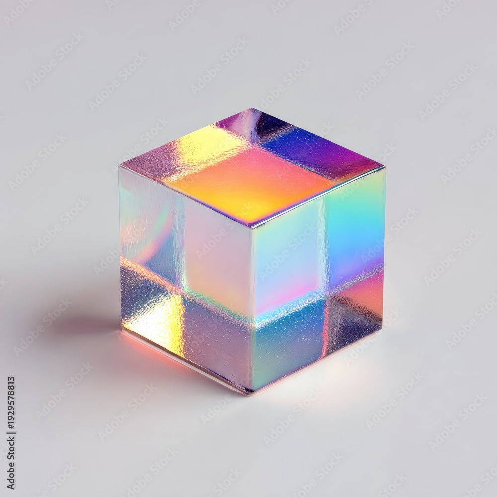 Fototapeta premium A transparent cube prism refracts light, creating colorful reflections on a light background