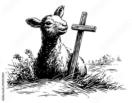 Vintage engraving of a sacrificial lamb sitting by a wooden cross in a field