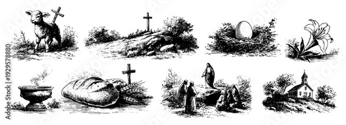 Collection of religious Easter symbols and christian icons in classic woodcut style