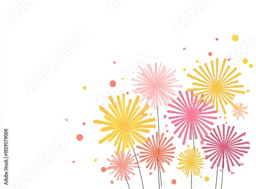 Colorful stylized fireworks, pink and yellow, on a white background, festive, simple design