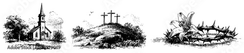 Set of vintage religious illustrations including a church calvary hill and crown of thorns with lily
