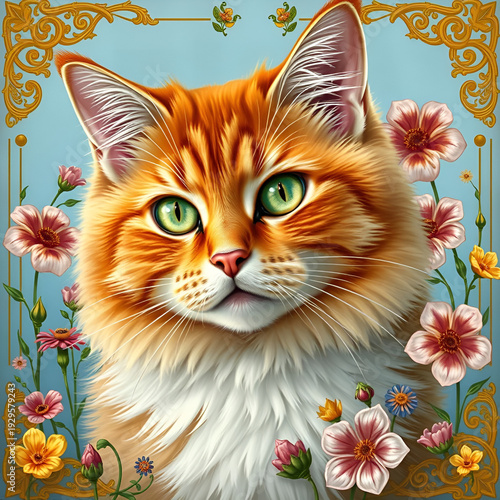 Ginger cat illustration with flowers