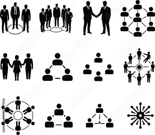 Teamwork and business organization icons, including networking and collaboration
