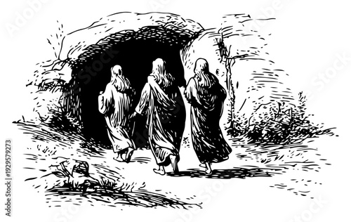 Biblical figures walking toward an open tomb in vintage engraving style