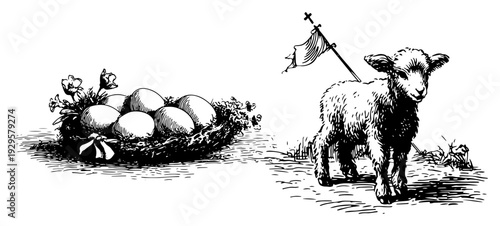 Hand drawn vintage illustrations of Easter eggs in a nest and the sacrificial lamb of god symbol