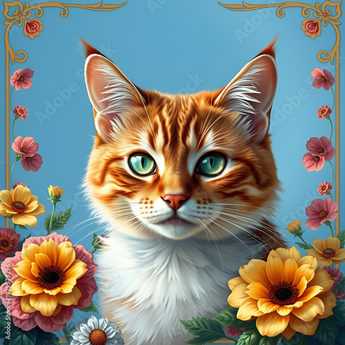 Portrait of a ginger cat with flowers