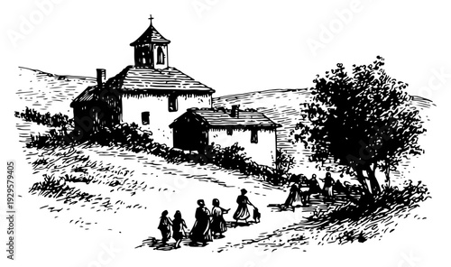 Vintage landscape illustration of people walking toward a church on a hill