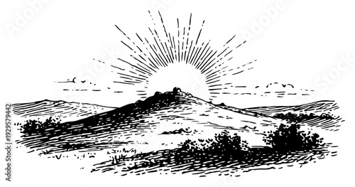 Artistic woodcut engraving of a radiant sun rising over a peaceful landscape