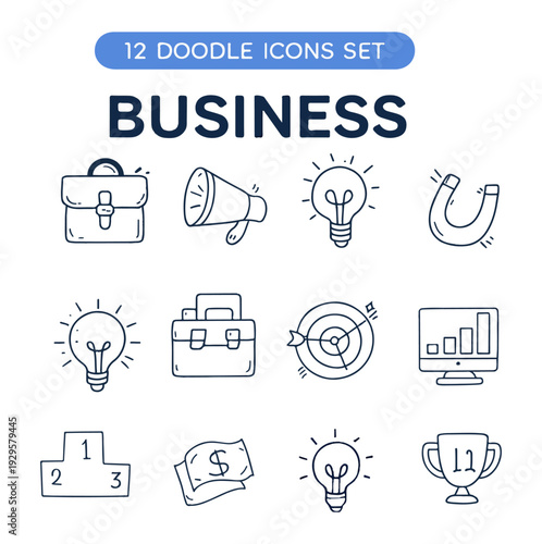 Hand Drawn Business Doodle Icons Set with Marketing Finance and Startup Symbols