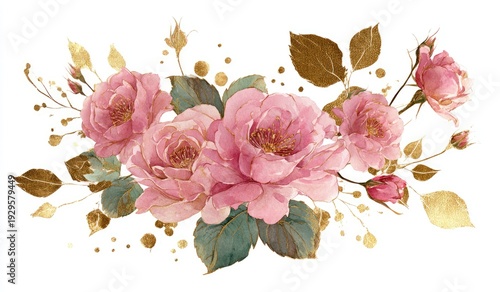 Elegant pink roses with gold accents and leafy green accents