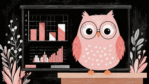 Cute pink owl teacher showing financial charts on a blackboard