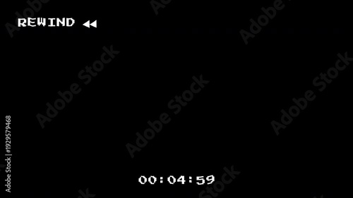 Analog television showing VHS rewind animation, with REWIND text, static interference, glitch effects, and screen artifacts on a transparent background. 4K video