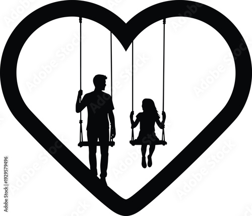 Heart-shaped silhouette of parent and child bonding on swings, symbolizing love, family connection, care, parenting, affection, emotional relationship