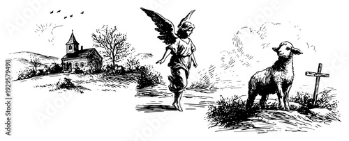 Collection of vintage religious symbols including an angel a sacrificial lamb and a rural church building