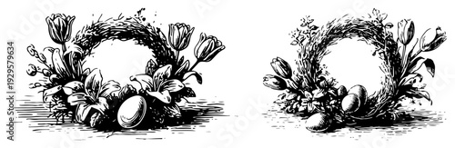 Beautiful vintage woodcut style Easter wreaths decorated with flowers and eggs for holiday design