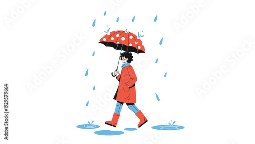 Stylish woman in a red coat and boots walking through rain puddles while holding a red polka dot umbrella on a cloudy autumn day.