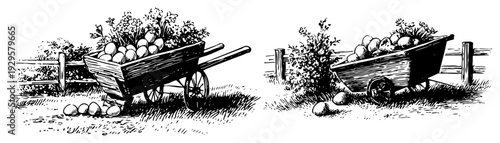 Collection of vintage woodcut illustrations showing wheelbarrows overflowing with easter eggs in a garden