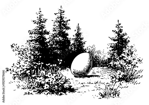 Surreal woodcut engraving of a giant egg placed in a clearing within a dense pine forest
