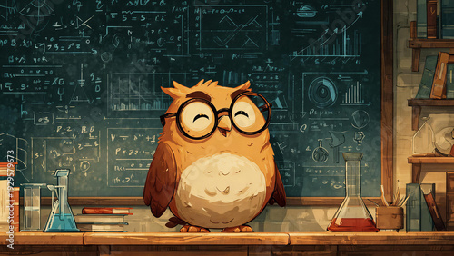 Wise owl teacher with glasses in front of science chalkboard
