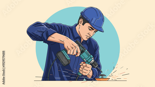 Skilled construction worker wearing a blue uniform and hard hat using a power drill on a wooden surface with bright sparks flying.