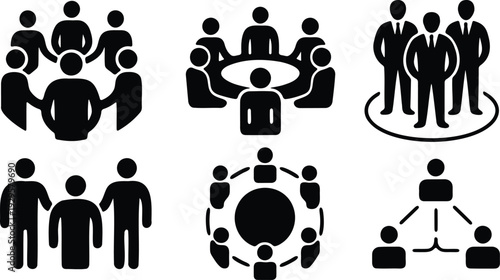 Icons representing business meetings, teamwork, and corporate strategy