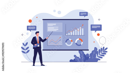 Professional businessman using a pointer to explain data and charts on a large presentation screen in a modern corporate meeting room.
