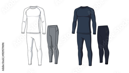 Two sets of thermal base layers including long-sleeved shirts and leggings in white and dark blue for winter sports and outdoor use.