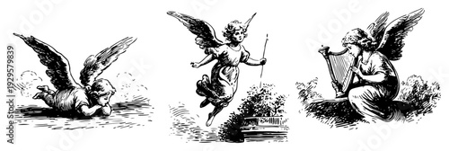 Set of three vintage woodcut cherub angels with a harp in traditional religious engraving style