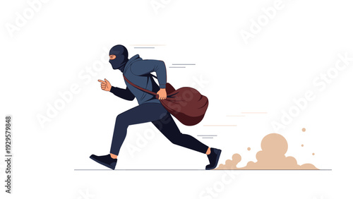 Mysterious thief wearing a black mask and hoodie runs quickly while carrying a large brown bag of stolen items in a hurry.