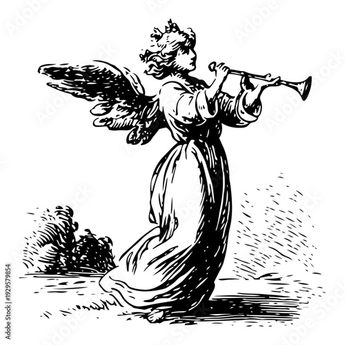 Fotografie Vintage hand drawn illustration of a herald angel playing a trumpet in classic w