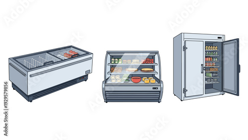 Collection of different commercial refrigerator units including a chest freezer and glass door coolers for supermarket and kitchen use.